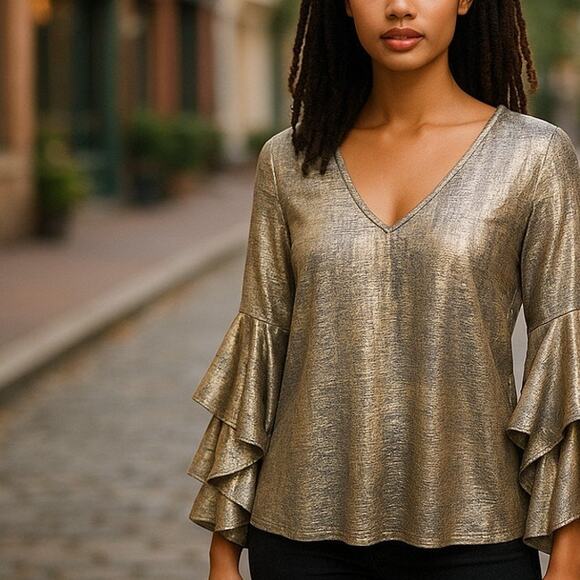 Gibson & Latimer Tops - GIBSON LATIMER Shiny Gold Metallic V-neck Flutter Sleeve Pullover Top - Small
